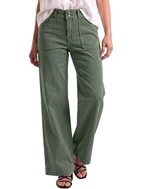 Women's Green Elastic High Waisted Stretchy Front Big Pocket Straight Leg Jeans